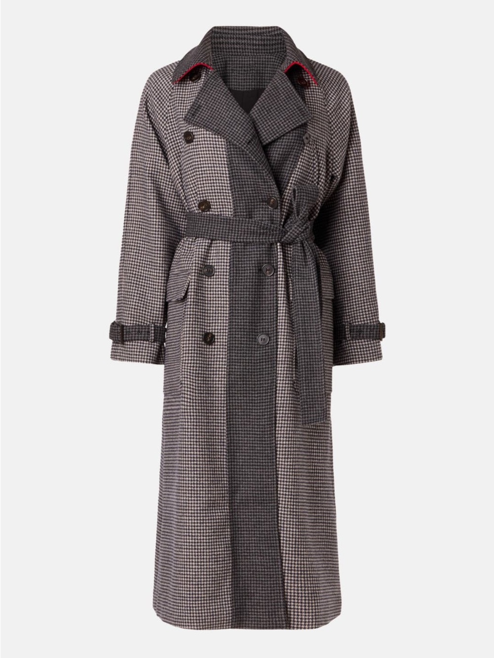 Peter Som Houndstooth plaid Double Breasted Trench Coat with Red Collar and belt